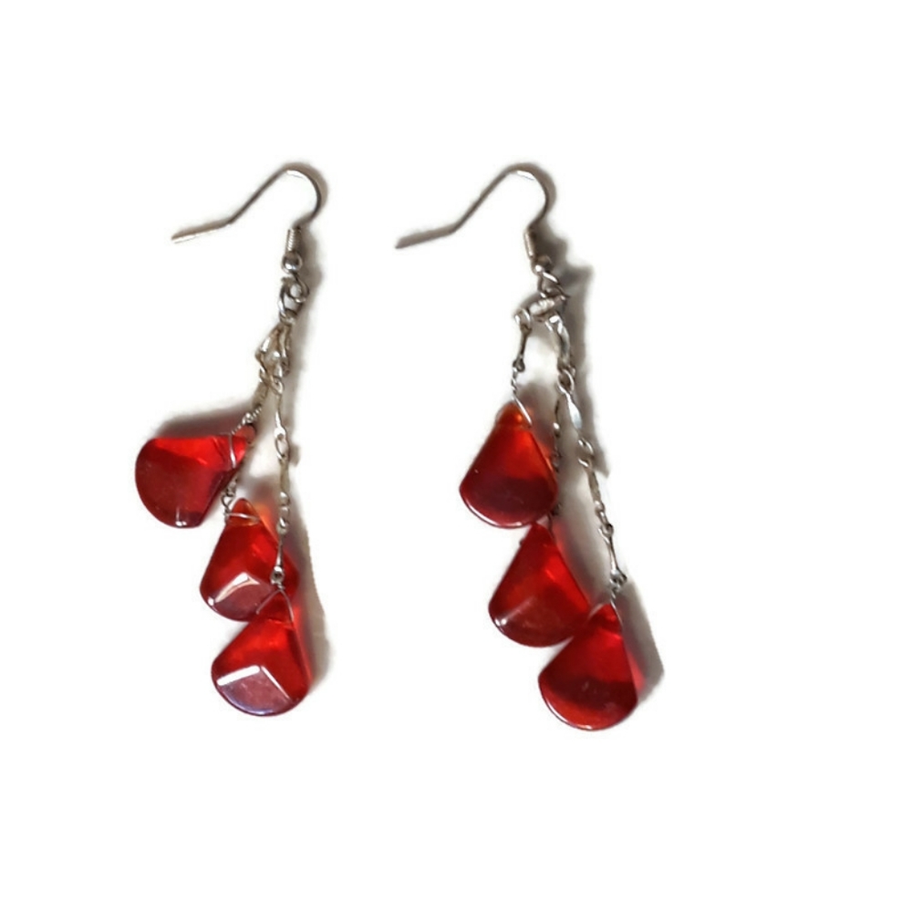 Red pyramid Shaped glass Bead Dangle Earrings